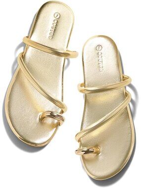 Women's Light Gold Strappy Flats Square Open Toe Slides Toe Ring Summer Shoes